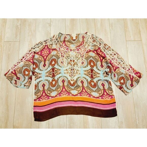 Chico's 2 Blouse Multicolor W/ Lace Accent Sleeves And‎ Neckline 3/4 Sleeve - Picture 1 of 7